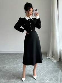 Selianne Đầm midi tay phồng phối màu thanh lịch dành cho nữ, trang phục maxi mùa xuân thu cho nữ. - Đen và trắng - Xem 6