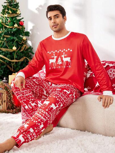 CoupledUp Christmas Element Print Pullover Long Sleeve Top & Long Pants Men's Pajama Set, Fall Winter Clothes
