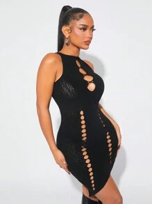 SHEIN SXY Women's Summer Sexy Solid Color Hollow Out Fitted Asymmetrical Hem Dress - Black - View 6