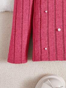 SHEIN Young Girl Fuzzy Knit Ribbed Raglan Sleeve T-Shirt With Pearl Decor, Fall (9) & Winter (2) - Hot Pink - View 4