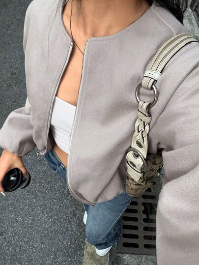 EMERY ROSE Chaqueta casual de manga larga con cremallera frontal lisa, uso diario