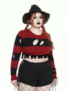 ROMWE Goth Pull court déchiré rayé rouge et noir pour l'Halloween, grande taille