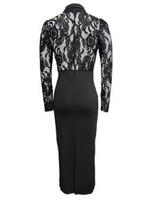 Vestido elegante de manga larga, ajustado, con diseño de encaje en escote en V para primavera/verano, vestido de fiesta - Negro - Ver 3