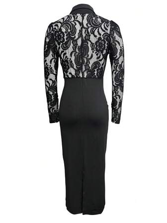 Elegant V-ringad spetsdesign Långärmad åtsittande klänning, vår-/sommarkläder, festklänning