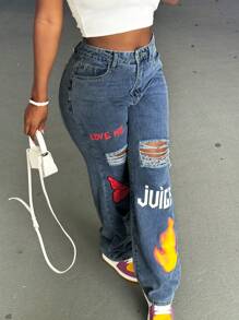 Young Casual American Style Graphic Print Jeans Spring - Dark Wash - View 3