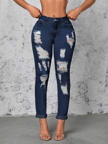 SHEIN SXY Quần Jeans Denim Skinny Thường Ngày Có Túi Cũ Cho Nữ - Rửa tối - Xem 4