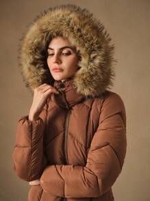 Anewsta Long Brown Thicken Detachable Fluffy Collar Belt Waisted Double Zipper Padded Coat