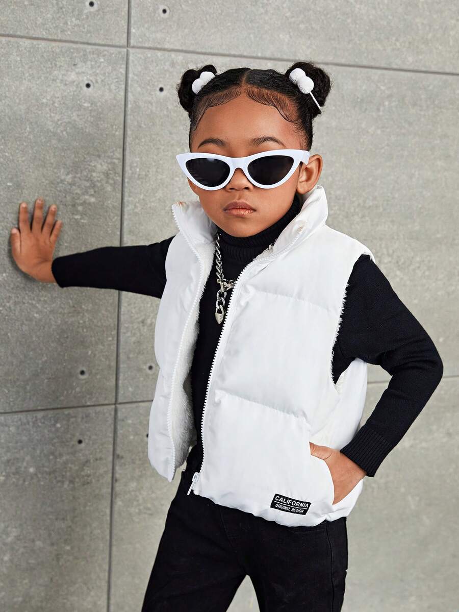 SHEIN Leap Crew Chaqueta acolchada sin mangas con cuello alto para niñas jóvenes, otoño (9), invierno (2), blanco - Blanco - Ver 1