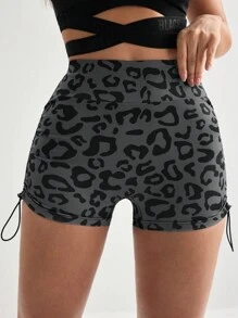 Menodora SHEIN Sport Quần short thể thao rút dây họa tiết da báo - màu đen - Xem 4