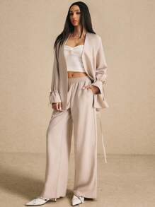 Poéselle Women's Solid Color Long Sleeve Knotted Cuff Open Front Jacket And Pocket Long Pants Casual Suit Set, Autumn/Winter - Khaki - View 4