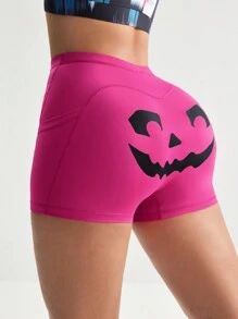 Menodora SHEIN Sport Halloween  Printed Seamless Tight Sports Shorts - Pink - View 2