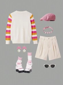 Suéter de niñas con  de color gruesos, patrón de corazón a rayas, apropiado para salidas y fiestas, nueva llegada de otoño/invierno - Blanco - Ver 2