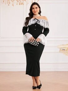Modelyn Đầm dạ hội dài tay loe hở vai ren tương phản cỡ lớn cho nữ - Đen và trắng - Xem 6