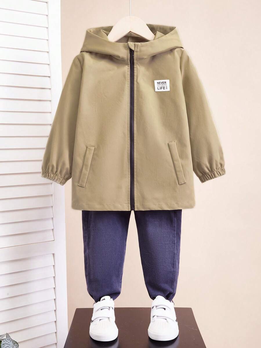 1pc Boys Casual Hooded Jacket With Letter Graphic, Thick & Warm Outerwear For Young Boys, Suitable For School, Daily Wear, Sports, Fall/Winter Season