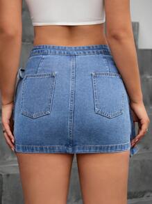 SHEIN Essnce Women's Side-Tie Pleated Denim Mini Skirt - Medium Wash - View 2