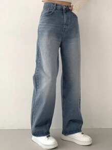 DAZY 女士宽松阔腿长牛仔裤 - 藍色 - 查看 4