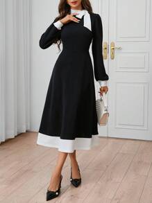 SHEIN Clasi Women's Urban Elegance Daytime Social Black&White Contrasting Collar Tie Waist A-Line Dress