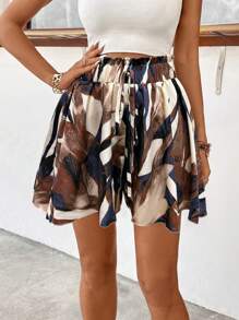 Breezaya Women's Holiday Ruffle Waist Tie Allover Print Random Cut Shorts - Coffee Brown - View 3
