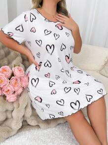 Slumberry CURVE Plus Size Heart Print Textured Nightdress, Moo Moo Night Dress - White - View 3