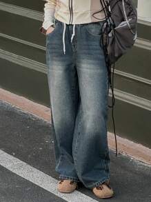 Dazy Kids Jeans a zampa con gamba ampia, vita morbida e tasche con coulisse per ragazze pre-adolescenti