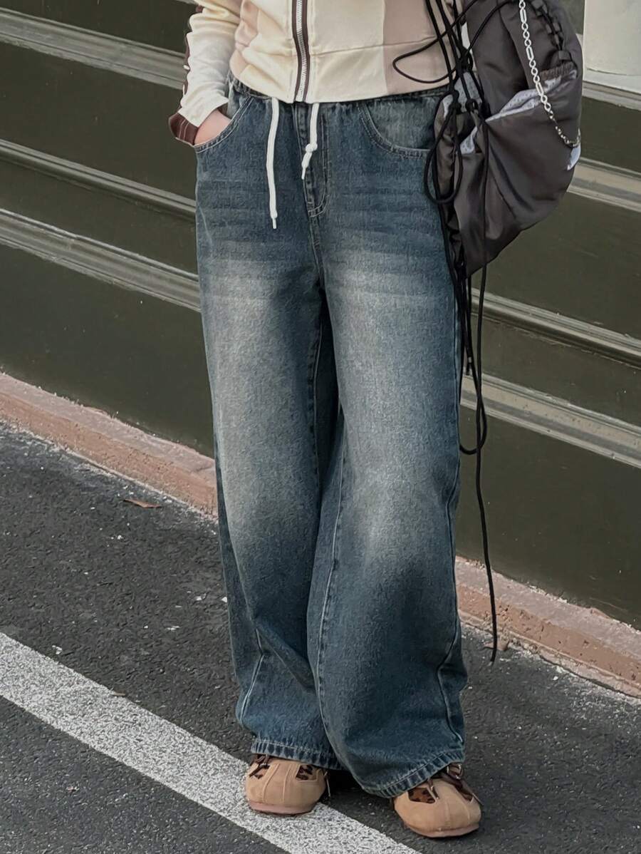 Dazy Kids Jeans a zampa con gamba ampia, vita morbida e tasche con coulisse per ragazze pre-adolescenti