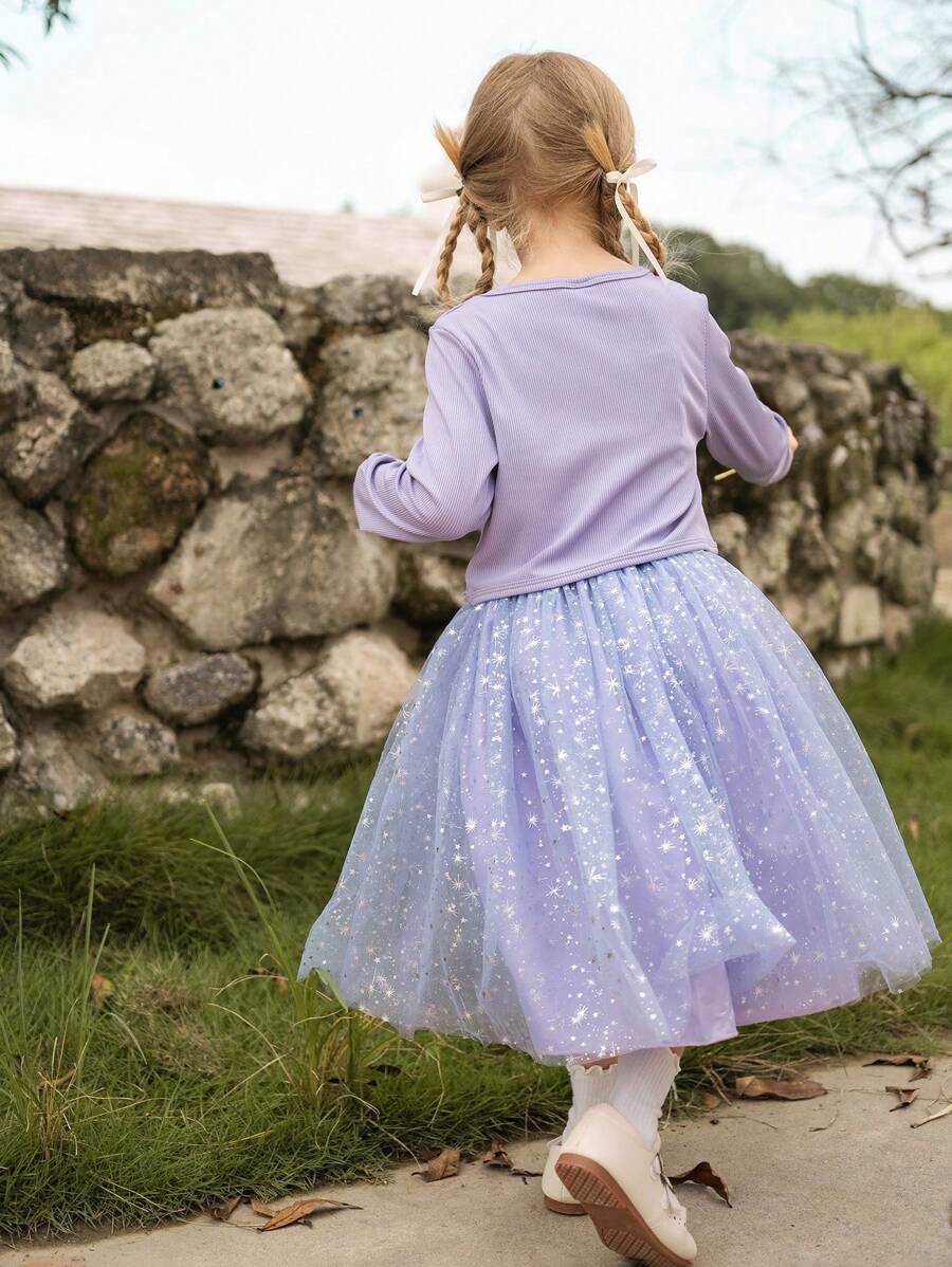 Young Girls Button Front Ribbed Jacket And Floral Embroidered Mesh