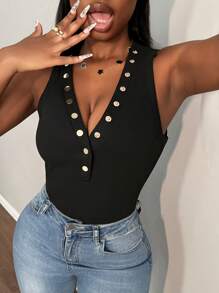 Slaydiva Casual Sexy Solid Color Rib-Knit Button V-Neck Camisole For Women - Black - View 4