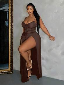 Slaydiva Váy xòe hở lưng màu trơn gợi cảm cỡ lớn có dây rút - L - màu nâu - Xem 3