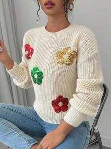 Chiquease Jersey de cuello redondo con patchwork de lentejuelas