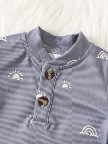 SHEIN 3pcs Newborn Baby Boy/Girl Gray Ribbed Bodysuit, Loose Pants And Bear Ears Hat Set, Soft And Comfortable, Suitable For Spring, Autumn And Winter Casual Wear, Suitable For Indoor And Outdoor - Grey - View 4