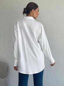 EURMUSE Golden Feather Glimmer Lapel Front Button Long Sleeve Blouse - White - View 2