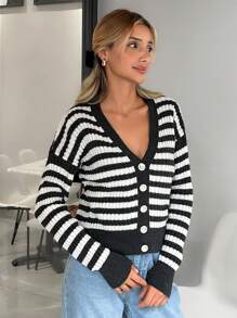 EURMUSE 正面纽扣条纹印花 V 领长袖开衫 - 黑與白 - 查看 5