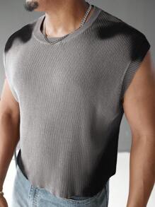 Manfinity Homme Plus Size Men's Solid Color Crew Neck Loose Fit Casual Knit Vest - Khaki - View 4