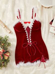 فستان بوديكون مثير سانتا الفتاة من المخمل والشبك الشفاف والمفتوح الجوانب ومربوط - عنابي اللون - مشاهدة 3