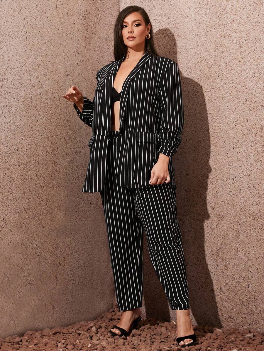 SHEIN SXY 大码女式春秋季条纹翻领长袖西装外套和裤子商务休闲 2 件套西装