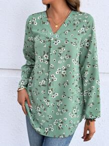 EMERY ROSE Women's V-Neck Floral Print Roll-Up Sleeve Blouse