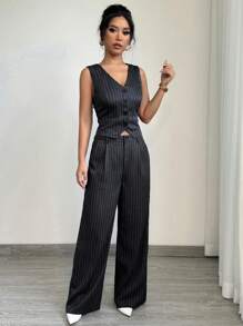 Elenzga Conjunto de blazer de rayas casual y pantalones de traje para mujer