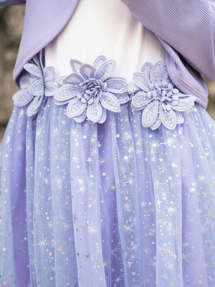 Young Girls Button Front Ribbed Jacket And Floral Embroidered Mesh