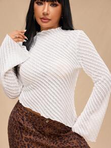 Forever 21 Áo thun dệt kim dài tay họa tiết viền bất đối xứng cỡ lớn cho nữ, mùa thu/đông - trắng - Xem 1