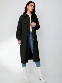 SHEIN Muchic Black Knitted Long Coat For Women - Black - View 4