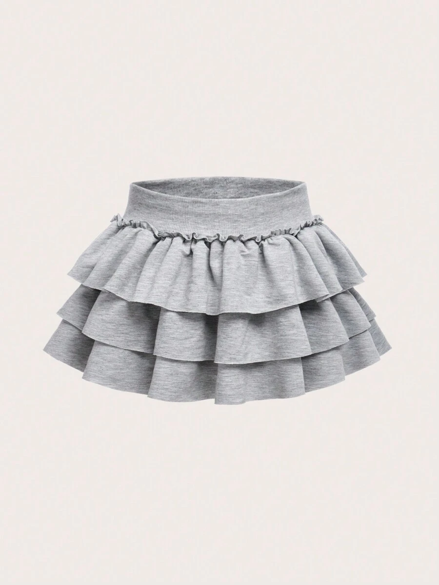 SHEIN Girlism Tween 女童街头休闲针织拼布溜冰裙 - 灰色 - 查看 1