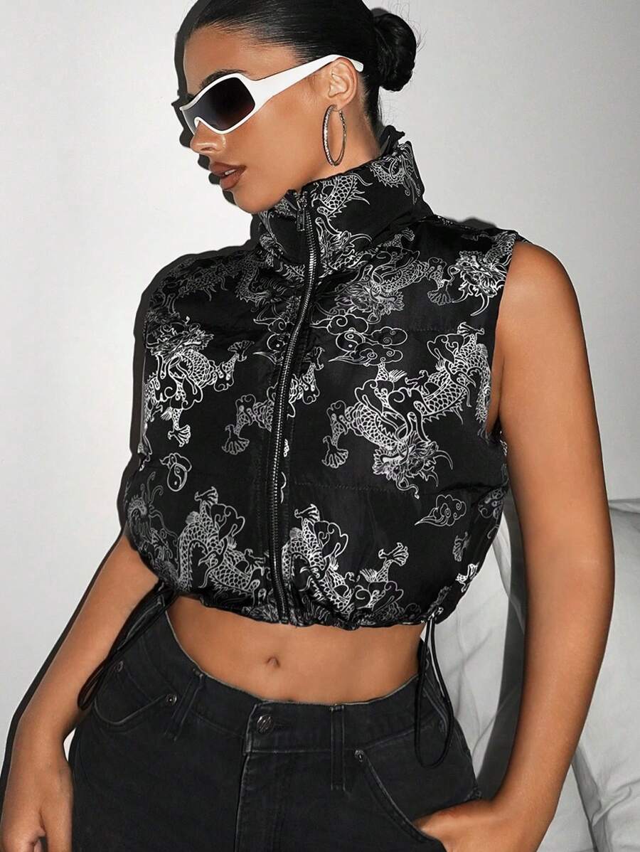 SHEIN ICON 中国龙印花拉链下摆填充背心