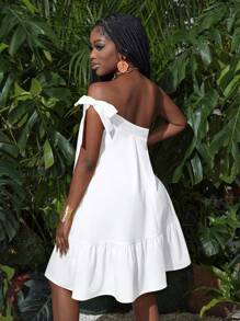 Slaydiva Summer /Beach Casual Vacation One-Shoulder Bow Tie A-Hem Ruffle Hem Loose Yellow Short Dress Women's Dress