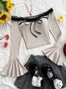 Soleia Holiday Ladies Autumn Apricot Off Shoulder Splicing Lace Cuffs Trumpet Splicing Front Center Tie Bow Cut Cute Top Off Shoulder Long Sleeve - Apricot - View 1