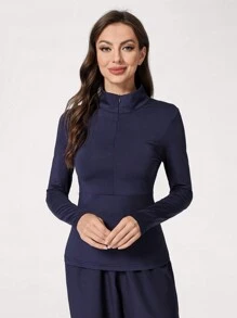 TaskEZ Women's Long Sleeve Turtleneck High Stretch Warm Base Scrub Uniform Top, Fashionable And Slimming - Navy Blue - View 7