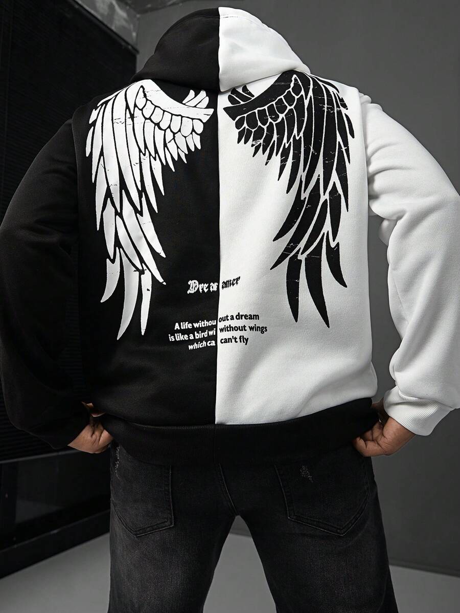 Manfinity LEGND Áo hoodie thường ngày cỡ lớn cho nam có in khẩu hiệu và hình cánh, dành cho mùa thu và mùa đông, áo hoodie dài tay họa tiết đi chơi dạo phố, quà tặng cho bạn bè, chồng, bạn trai - Đen và trắng - Xem 1