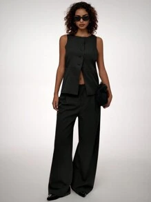 Forever 21 Women's Casual Loose Low-Waisted Solid Color Suit Pants - Black - View 3