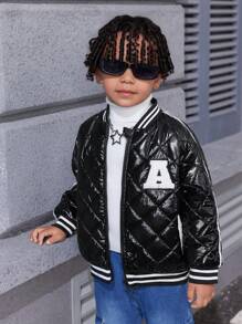 SHEIN Explorewe 2pcs Young Boys Classic Letterman Jacket With Embroidered Patch,Ribbed Collar & Cuffs,Winter,Career Day,Back-To-School - Black - View 5