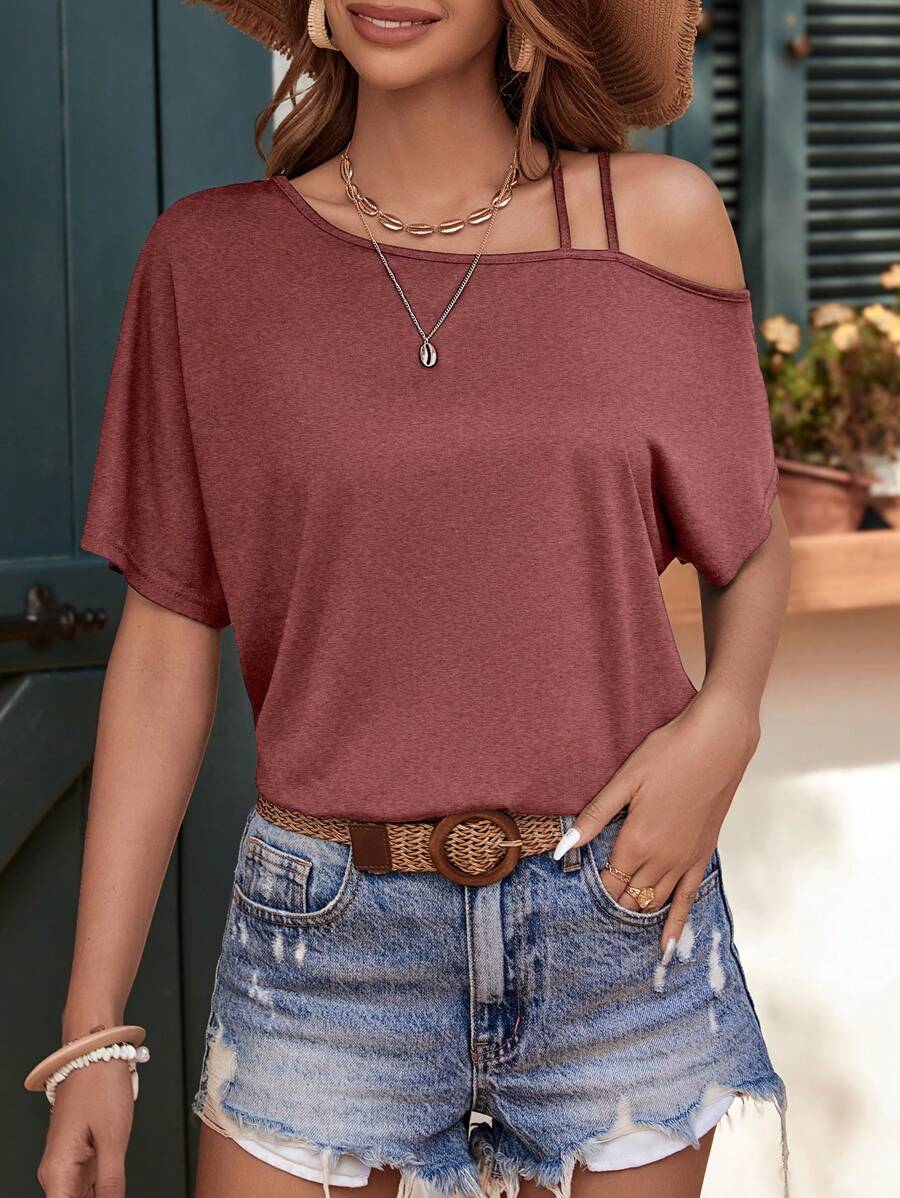 EMERY ROSE Camiseta de mujer casual de punto con hombro asimétrico y doble tirante - Burdeos - Ver 1