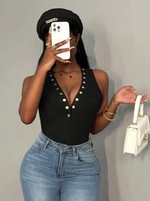 Slaydiva Casual Sexy Solid Color Rib-Knit Button V-Neck Camisole For Women - Black - View 5